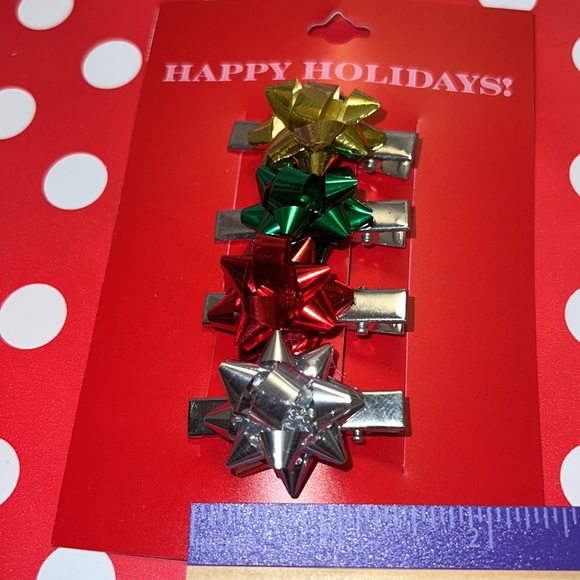 Happy Holidays Accessories SilverTone Gift Wrap Christmas Present Bow Hair Clips - Picture 3 of 5